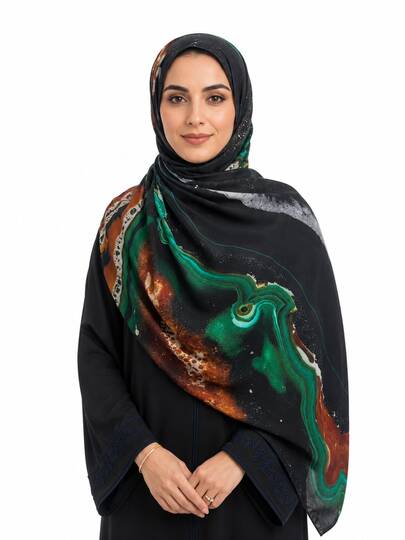 قطعة واحدة حجاب وشاح بطبعة رخامية سائلة مجردة للنساء، ناعم وخفيف الوزن بملمس الرايون، حواف مخيطة مزدوجة، شال ملفوف