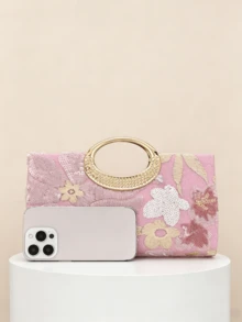 1件粉色亮片刺繡花卉晚宴包，金屬環手柄正式派對手拿包，亮片刺繡工藝，3D花卉設計（隨機圖案），必備婚禮配件，情人節禮物，適用於婚禮、慶典及其他正式場合 - 粉色 - 查看 4