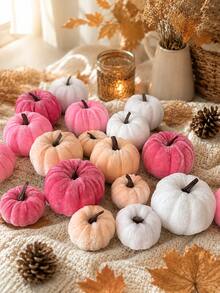 16/12/8/2/1pc Velvet Artificial Pumpkins, Red Faux Velvet Autumn Decor, Suitable For Halloween, Thanksgiving, Harvest, Home, Wedding, Farmhouse Style, Tabletop, Christmas Party Decoration, Creative Gift - Pink - View 2