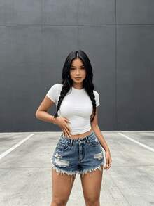 Women Denim Shorts - Blue - View 4