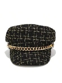 Elegant Plaid Tweed Newsboy Cap Set, Gold Chain Pearl Metal Button Decor Vintage Duckbill Women's Hat, Suitable For Autumn/Winter Daily, Shopping, Garden Party, Evening Party And Street Style - Multicolor - View 10
