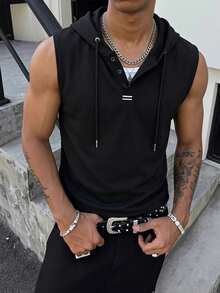 Men's Drawstring Hooded Casual Daily Wear Sleeveless Sweatshirt - Black - View 4