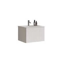 Washbasin With Vanity Unit For Small Bathrooms, Mineral Cast Basin, Grooved Design, 60cm Wall-Mounted Bathroom Unit, Natural Oak Color, Pre-Assembled - 白色 - 查看 4