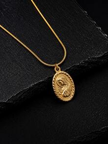 1pc Minimalist Personalized Stainless Steel 18K Gold Plated Oval Portrait Virgin Mary & Jesus Pendant - Yellow Gold - View 11