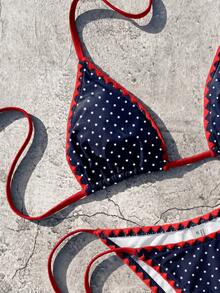 Women's Colorblock Ruffle Trim Bikini Set, Featuring Adjustable Triangle Cups And Tie Design, Suitable For Beach Vacation And Retro Style Summer - Coffee White - View 5