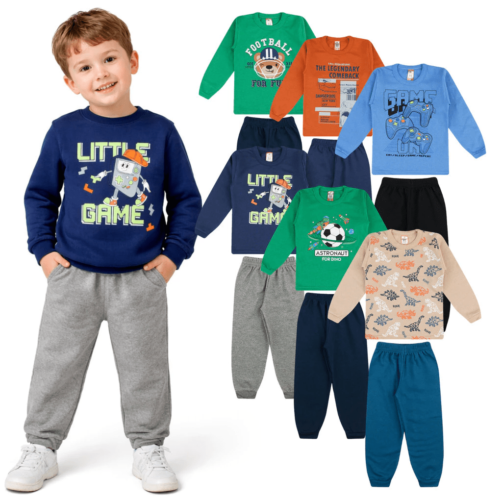 Kit 10 Peças 5 Conjunto Moletom Infantil Menino Frio Outono Inverno Algodão Tamanhos 1 a 8 Gola Careca Cleomara