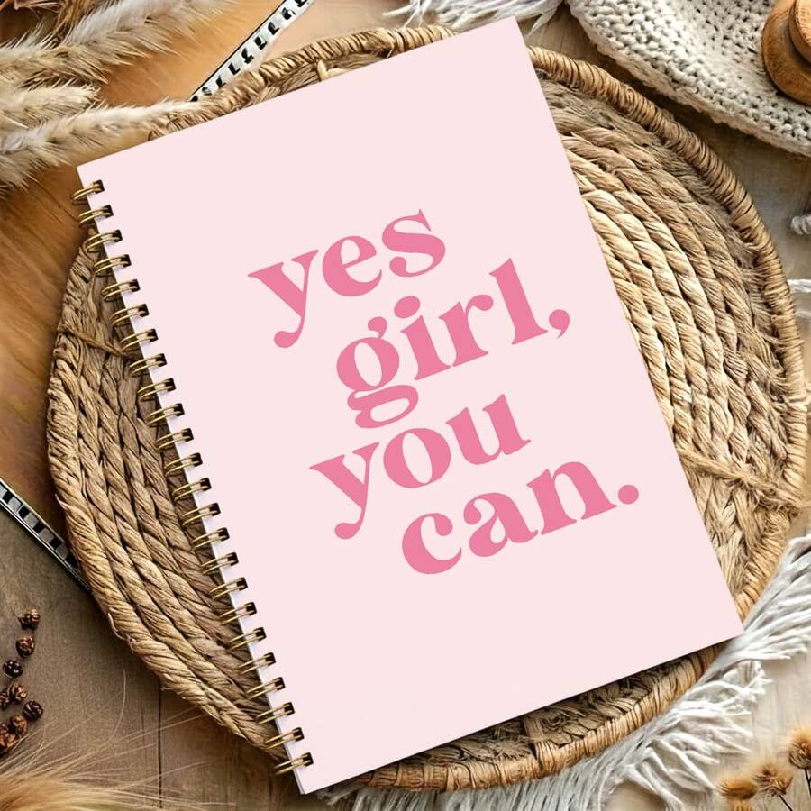 1pc Back To School Spiral Bound Notebook "Yes Girl, You Can." 5.5x8.3 A5 Size - Pink Cover With Inspirational Quote, Gold Coil Binding, Perfect For School Notes, Daily Inspiration Recording And Goal Tracking, Durable And Energetic, Ideal Stationery For Students. - A5 - View 1