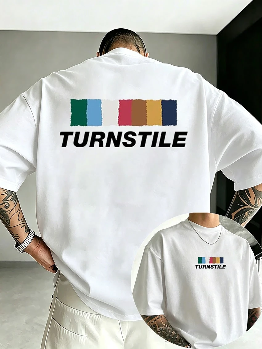 Magliette Uomo American Street Fashion T - Short Sleeve T-Shirt, Men's Summer Outfit Pure Cotton Loose Colorful Striped Print, Men's Casual Summer T-Shirts With Koszulki - White - View 1