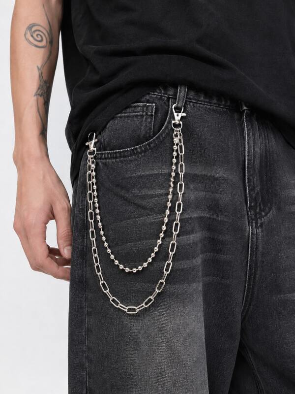 1pc Men's Silver Double Layer Metal Bead Chain Waist Chain For Jeans, Street Punk Hip-Hop Style Accessory, Suitable For Bar, Party, Daily Commute, Street Photography, Performance, Versatile Outfit