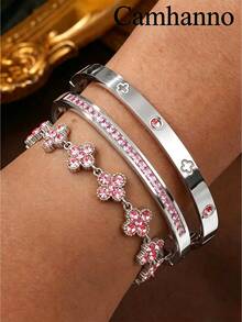 Camhanno 3pcs/1pc Luxury 3-Color Zirconia Clover 3 PiecesBracelet & Bangle Set, 18K Gold Plated Stainless Steel, Hypoallergenic, Non-Fading, Waterproof, Rust-Resistant Women's Accessories - Silver 2 - View 2