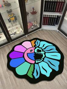 1pc Dark Colorful Sunflower Pattern Carpet, Cartoon Quirky Thick Brushed Flocked Bottom Asymmetric Shaped Rug, Durable Fluffy Decorative Floor Mat, Suitable For Living Room, Bedroom, Kitchen, Bathroom, Laundry Room, Hallway, Entryway, Game Room, Home Decor - Royal Blue - View 3