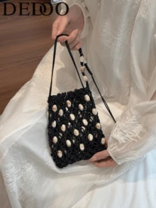 Dedoo 女款迷你編織斜挎包，鏤空珠飾針織繩編布料，抽繩肩背小包，波希米亞休閒手機包，適合夏季海灘度假女孩 - 黑色 - 查看 13