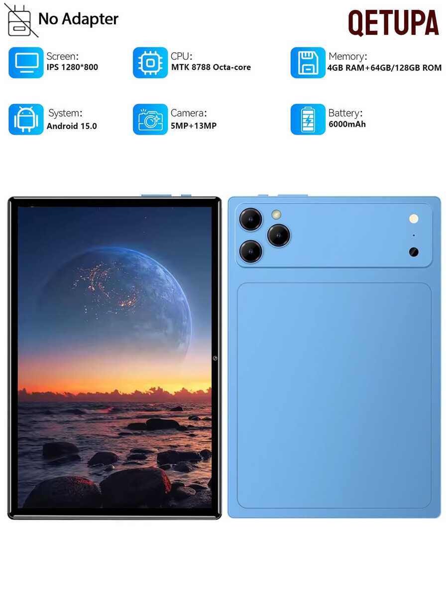Qetupa Z17 Android 15 Tablet, 10.1 Inch 4GB RAM + 64GB/128GB ROM, Powered By MTK 8788 Octa-Core Processor CPU, 5MP + 13MP Dual Camera, 1280x800 HD IPS Touchscreen, GPS, 6000mAh Battery, Multi-Window Display, Lightweight And Durable - Blue - View 1