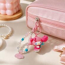 MINISO Sanrio My Melody 粉色花朵串珠腕帶鑰匙圈，可愛角色迷你公仔包飾吊飾，附亮片珠飾手鍊、粉色夾扣鉤與角色吊牌，背包手提包配件，開學季禮物 - 樣式 1 - 查看 5