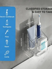 1pc Transparent Toothbrush Holder, Divided Wall-Mounted Storage Rack, Multi-Functional Bathroom Storage Accessory, Creative No-Drill Bathroom Storage Box, Used For Storing Toothbrush, Comb And Razor, Home Bathroom Decor - Clear - View 2