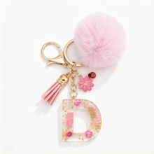 1pc Pink Glitter Letter Keychain (A-Z) - Dried Flower Shell Resin Letter Charm With Pop Pom Pom, Leather Tassel And Oil-Drip Daisy Beetle Accessory, Fashion Key Ring, Suitable For Bags/Cars, Cute Gift For Women And Mothers - Multicolor - View 23