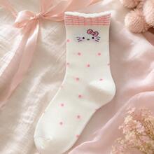 MINISO Sanrio 可愛 Hello Kitty 刺繡中筒襪，粉色波點與格紋飾邊，舒適日常基本款，返校季 - 樣式 3 - 查看 2