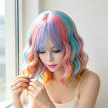 14inch Rainbow Wigs For Women Short Curly Wavy Multi Color Wig For Girls Short Bob Wig With Bangs Heat Resistant Synthetic Wigs For Cosplay Costume Party (Colorful Wig) For Halloween - Multicolor - View 7