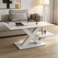 White Rectangular Coffee Table, Double Tabletop, Glossy Finish, Side Table, Sofa Table, Living Room Table Made Of MDF, Geometric X-Shaped Legs, Load Capacity Up To 10 Kg, 100x48x45cm - White - View 4