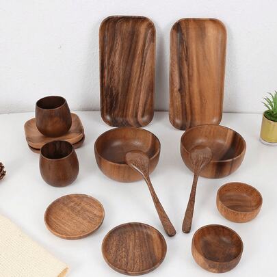 14pcs/Set Rosewood Tableware Set: Rosewood Bowls, Cups, Condiment Plates, Plates, Spoons,School Supplies