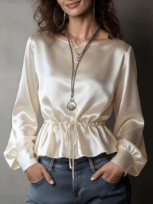 Blus Satin Leher Bulat Wanita, Desain Lengan Panjang dengan Detail Tali Serut yang Dapat Disesuaikan, Potongan Slim Fit Menawan - putih pucat - View 6