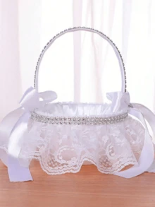 White Small Flower Basket, Bridal Wedding Lace Satin Fabric Bow Handbag, Wedding Petal Throwing, Flower Girl Carrying Small Gifts, Fruit Basket, Romantic Modern Style, Wedding Party And Daily Gathering, Dance Prop - Diamond-studded Flower Basket - View 1