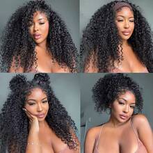 Kinky Curly Half Wigs Human Hair 200Density Glueless Wear And Go 3 In 1 Drawstring Seamless Flip Over Curly Half Human Hair Wigs - Natural Black - View 4