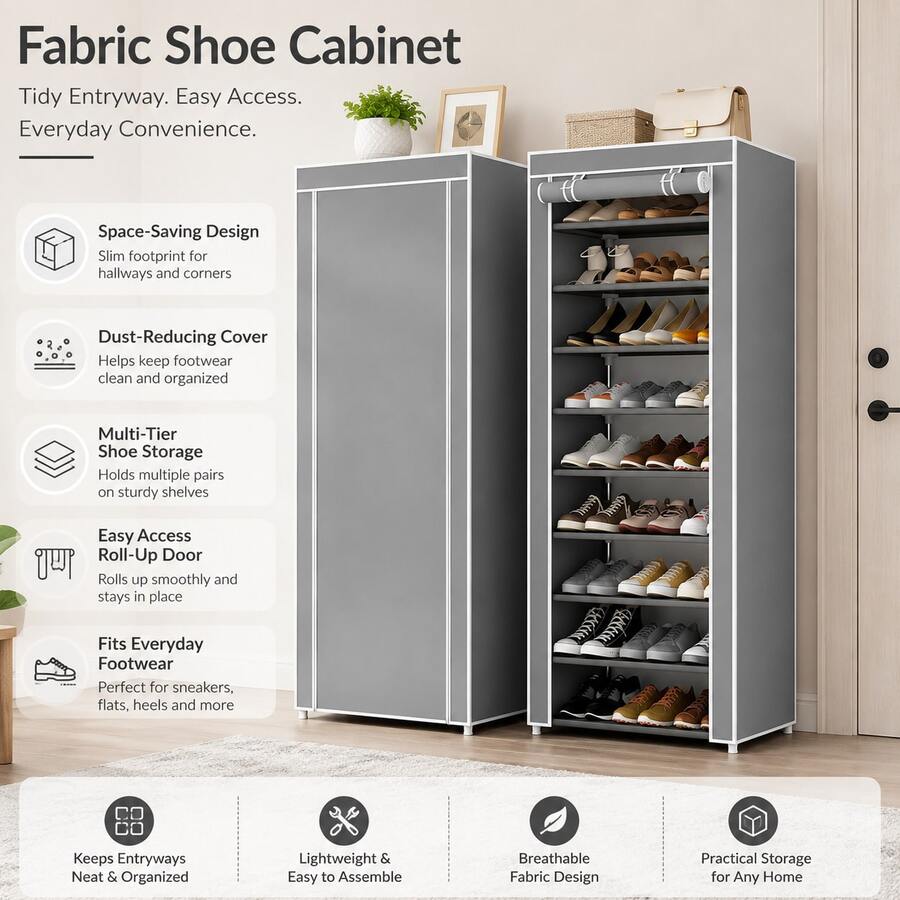 10-Layer Zipper Combination Shoe Rack, Simple Cloth Shoe Cabinet, Multi-Layer Storage Cabinet, Dormitory Student Dustproof Shoe Rack, 160x60x30cm, Multi-Layer, Space-Saving, Economical Home Use, Dustproof Storage Shoe Cabinet, Dormitory, Door, Indoor - Grey - View 1