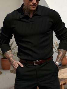 Camisa POLO de punto acanalado de manga larga, holgada y fina para hombres ALTZTAR, simple y de moda, adecuada para el uso diario en primavera y otoño - Negro - Ver 1