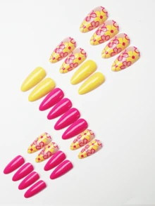 24pcs Almond Shape Shiny Pink Solid Color Press-On Nails, Long Yellow Floral Outline Pattern, Nude Transparent Acrylic Fake Nails Set, Includes 1pc Jelly Glue And 1pc Nail File, Summer Bright Floral Manicure, Suitable For Women And Girls, Daily Vacation Beach - Multicolor - View 6
