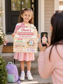 "First Day Of School" Sign, Includes Back To School & End Of Term Commemorative Board And Marker; Suitable For Preschool, Kindergarten Transition And Kindergarten, Reusable Wooden Blackboard, Easy To Write And Erase (With Bow Decoration), Can Fill In Name, Date, Age, Dream, Teacher Information, Growth Record Board, Back To School Season Kindergarten Enrollment Children Photo Prop, Family Commemorative Gift - Multicolor - View 6