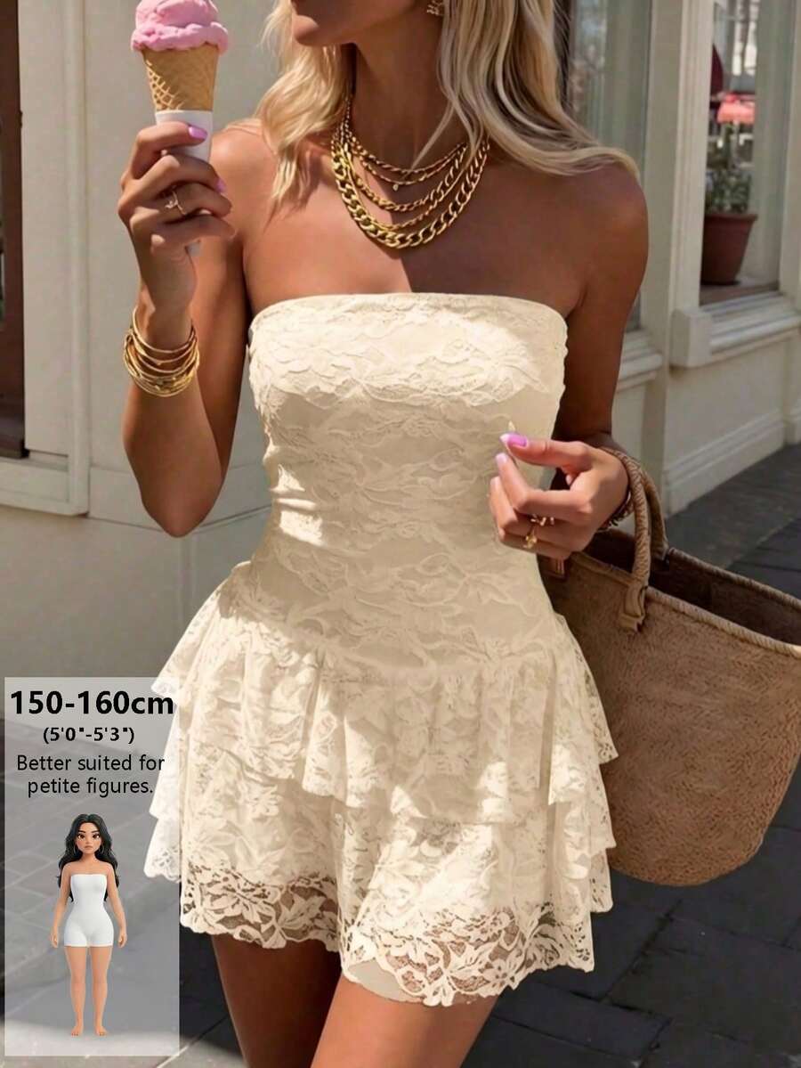 Dila Polly 2026 夏季女款純色蕾絲修身抹胸性感迷你洋裝,可愛杏色抹胸迷你洋裝配層次裙擺與內建短褲,適合春季出遊、旅行、度假、田園下午茶、女生聚會、週末出遊,秋季/四季穿著 - 米色 - 查看 1