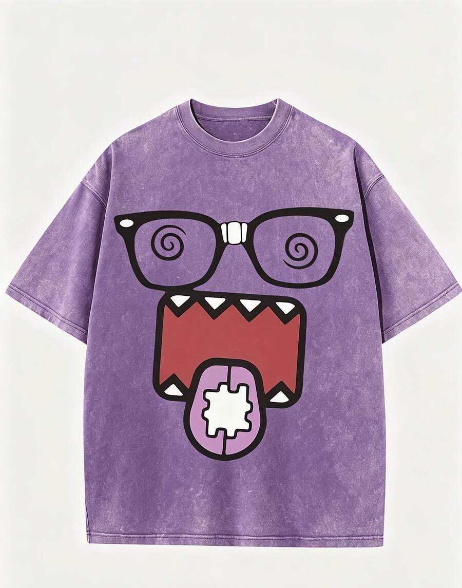 Epic Funny Dizzy Monster Print Washed Cotton T-Shirt, 220g Vintage Streetwear Loose Short Sleeve Tee, Aesthetic Casual Summer Top - 紫色 - 查看 1