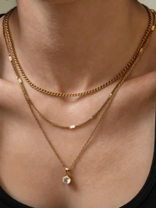 1 Set 3pcs French Minimalist Luxury Stainless Steel Gold Pendant Necklace Set, Suitable For Women's Daily Commute, Party, Gathering, Versatile Layering Accessory - Gold - View 1
