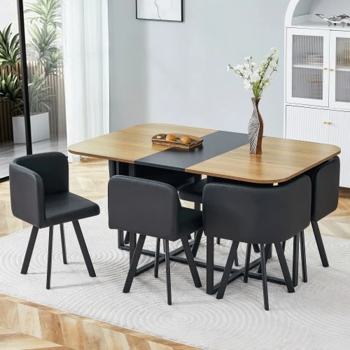 Dining Table Set – Table With Wood Grain Surface & Black Metal Frame, For 4-6 People - Black - View 1