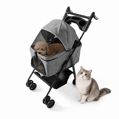 Foldable Pet Stroller For Small Dogs & Cats, Breathable Mesh Outdoor Travel Stroller With 360° Swivel Wheels, Storage Basket & Cup Holder
