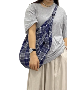 大容量格紋肩背包 女款斜挎包 休閒實用多功能托特包 適合上班、學習、旅行 - 藏蓝色 - 查看 3