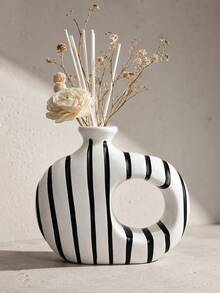 1pc Wabi-Sabi Style Abstract Hollow Ring Reed Diffuser Vase, Black Vertical Stripe White Base, Modern Minimalist Dried Flower Fragrance Bottle, Living Room Entryway Desktop Aesthetic Decor Gift - Black and White Striped Aromatherapy Bottle - View 11