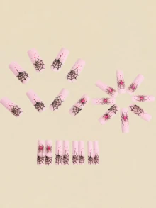 24pcs Halloween Press-On Nails, Matte Pink Rhinestone Spider Web Design, Y2K Style Square Long Fake Nails, Manicure Nail Tips - Pink - View 4