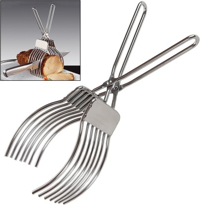 Durable Polished Stainless Steel Slicing Helper Tongs, Multifunctional Food Fixing Clamp For Roast Beef Bread Tomato Onion Fruits Vegetables, Anti Slip Kitchen Cutting Holder For Home Baking Cooking Prep Work