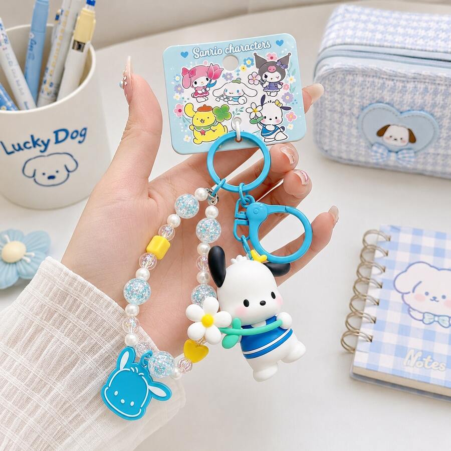 MINISO Sanrio Pochacco 藍色花朵串珠腕帶鑰匙圈,可愛角色迷你公仔包飾吊飾,附亮片珠飾手鍊、藍色夾扣鉤與角色吊牌,背包手提包配件,開學季禮物 - 樣式 2 - 查看 1