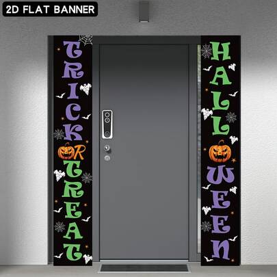 Cờ phẳng 2D 1 cái, banner treo dọc trang trí hiên nhà chủ đề Halloween, hình bí ngô, ma, mạng nhện và dơi, thiết kế dạng trang trí hai bên cửa đôi, chất liệu polyester, không cần dùng điện, tiện lợi sử dụng, phù hợp trang trí tiệc, làm quà tặng lễ hội, dùng cho sự kiện Halloween, lối vào nhà, bối cảnh tiệc trong nhà và ngoài trời, trưng bày cửa hàng, phông nền chụp ảnh, tạo không khí trang trí đậm chất lễ hội Halloween