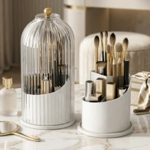 CXRYLZ Rotating Makeup Brush Organizer With Lid 360 Degree Transparent Dustproof Waterproof Storage Box Front Opening Compartment Design For Vanity Bathroom Countertop Bedroom White - A - View 1