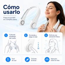 Ventilador manos libres colgante para el cuello, batería de larga duración recargable por USB, diseño compacto portátil disponible en azul, blanco y rosa, accesorio indispensable en verano para gym, hogar, escuela y salidas al exterior - Blanco - Ver 9