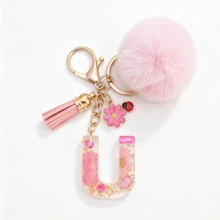 1pc Pink Glitter Letter Keychain (A-Z) - Dried Flower Shell Resin Letter Charm With Pop Pom Pom, Leather Tassel And Oil-Drip Daisy Beetle Accessory, Fashion Key Ring, Suitable For Bags/Cars, Cute Gift For Women And Mothers - Multicolor - View 37