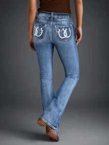 New Embroidered Slim Fit Washed Women's Jeans - Navy Blue - View 2
