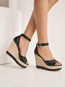 Women's High Heel Wedge Platform Sandal Various Colors Party - 黑色 - 查看 1