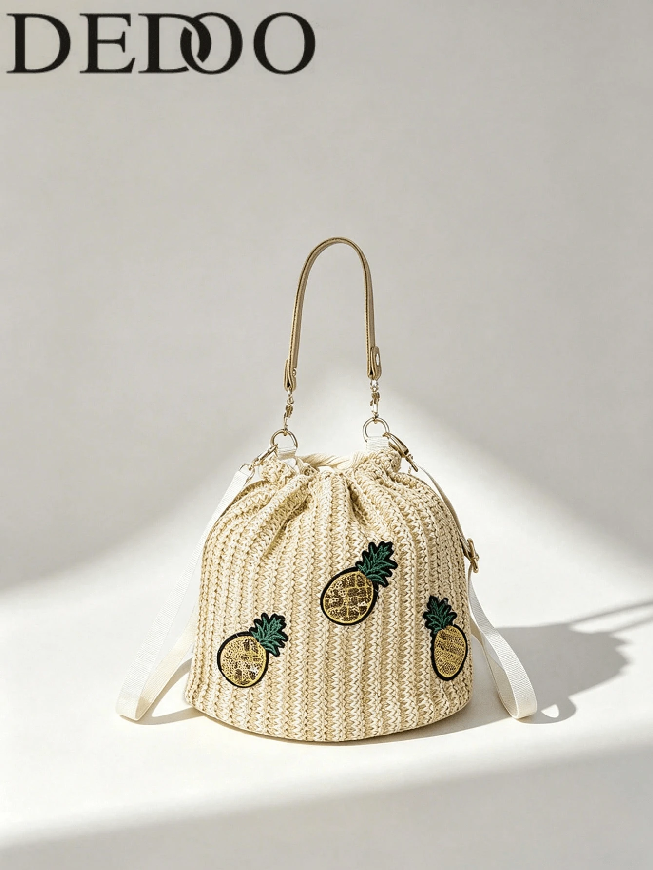 Dedoo 女款水桶斜挎包，菠蘿刺繡草編抽繩手提包，雙肩帶波希米亞風沙灘包，適合夏季度假女性