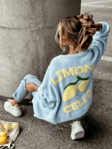 Korean Style Relaxed Fit Solid Color Loose Drop Shoulder Knit Top With Lemon Letter Design On Back, Soft Breathable Versatile Autumn/Winter Casual Long Sleeve Sweater - Blue - View 4