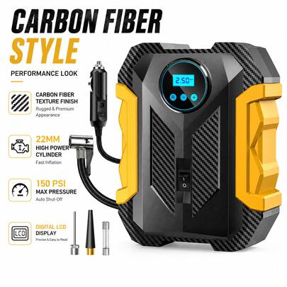 Carsun 便攜式充氣機 充氣泵 碳纖維條紋設計 汽車輪胎充氣泵 附 LED 燈 12V-DC 適用於自行車、摩托車等